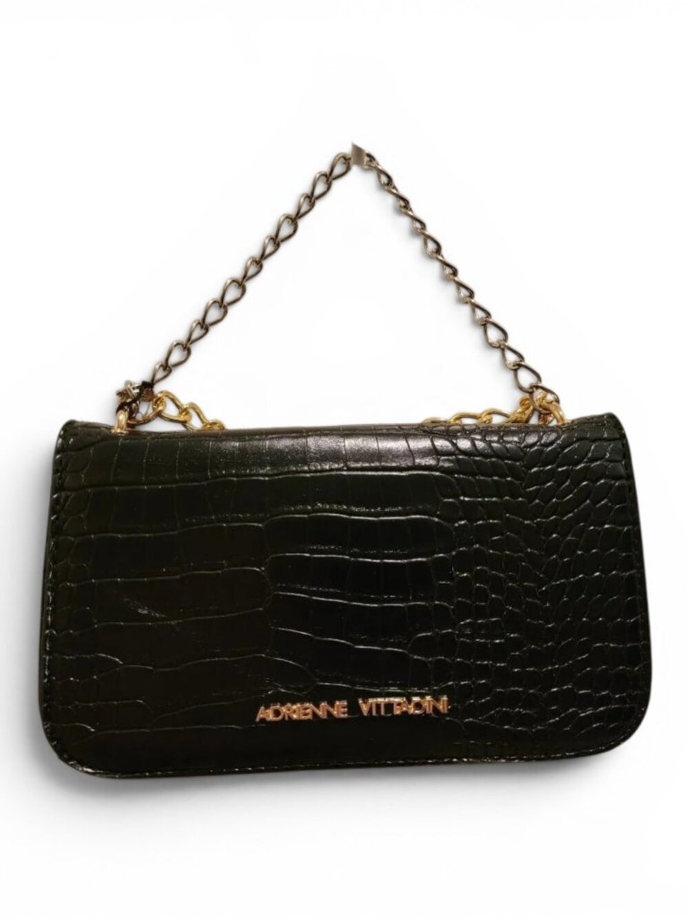 Adrienne Vittadini Croc Embossed Black Shoulder Bag NWT Gold Chain Evening Purse